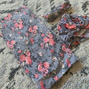 Gray- Newborn Floral Swaddle, headband, and hat.
